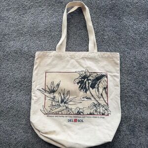Del Sol Canvas Tote Bag Cream Tropical Palm Tree Cruise Ship Graphic 100% Cotton